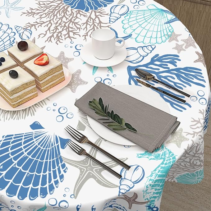 Nautical Coastal Round Tablecloth 70 Inch Summer Ocean Seashell Starfish Coral Sea Horse Table Cloth Rustic Farmhouse Beach Theme Table Cover for Kitchen Dinner Party Decor