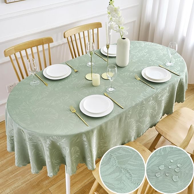 Oval Tablecloth 50x70 Inch Green Table Cloth Leaves Pattern Scalloped Edge Silky Soft Fabric Waterproof Wrinkle Free Washable Table Cover for Kitchen Dinning Party Decoration