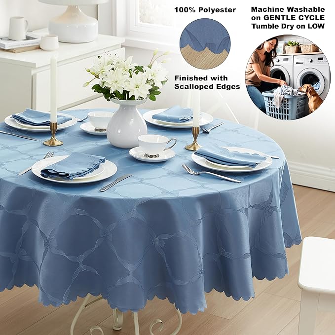 Newbridge Ribbons and Bows Damask Spring & Easter Holiday Fabric Tablecloth, Blue, 70 Inch Round, Wrinkle & Stain Resistant Table Cover