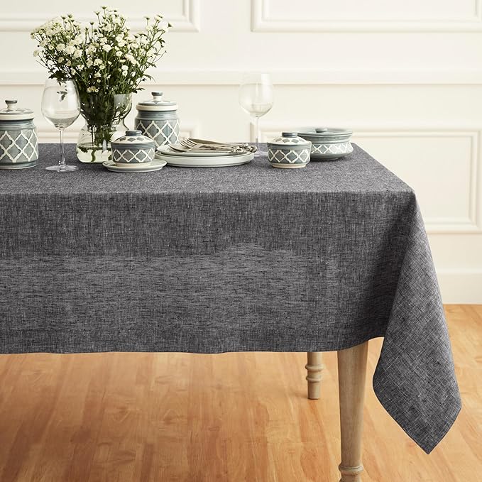 Solino Home Linen Cloth Tablecloth 52 x 52 Inch - 100% Pure Linen Chambray Black Square Tablecloth - Athena, Machine Washable Table Throw for Winter
