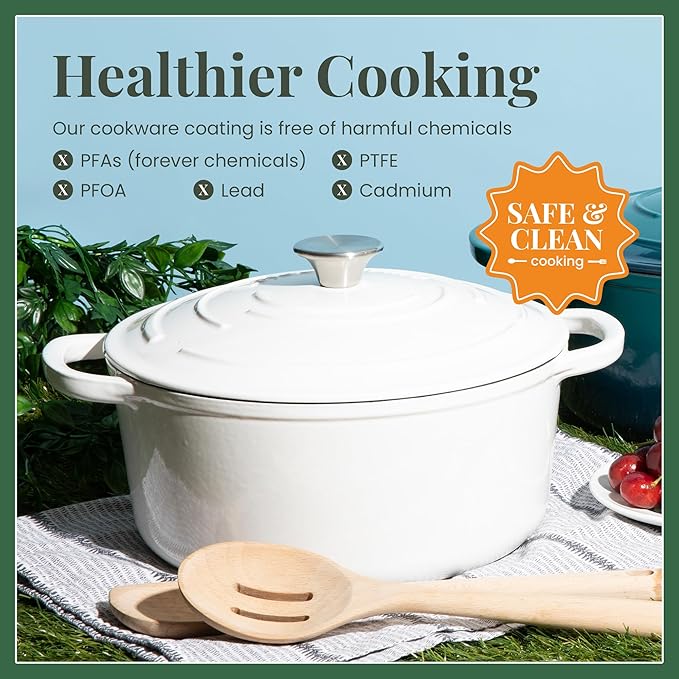 Larder & Vine Enameled Cast Iron 5.7qt Dutch Oven Pot with Lid | Bread Baking | Compatible on All Cooktops & Oven Safe to 500° F | Great for Sourdough Bread | White