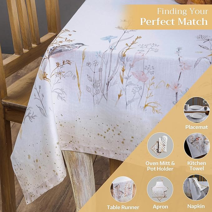 Maison d' Hermine Table Cloth Rectangle Table 100% Cotton 54 x 72 Inches Tablecloth Reusable Decorative for Dining Room Farmhouse Home Valentines Day Decorations Spring Summer - Meadow Florals - Beige