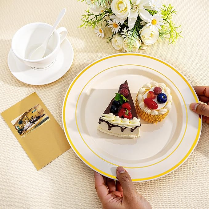 I00000 200 Pcs Gold and Ivory Plastic Plates, Ivory Disposable Party Plates Include 100 Dinner Plate 10’’ and 100 Plastic Dessert Plate 7’’ Perfect for Birthday, Party & Wedding