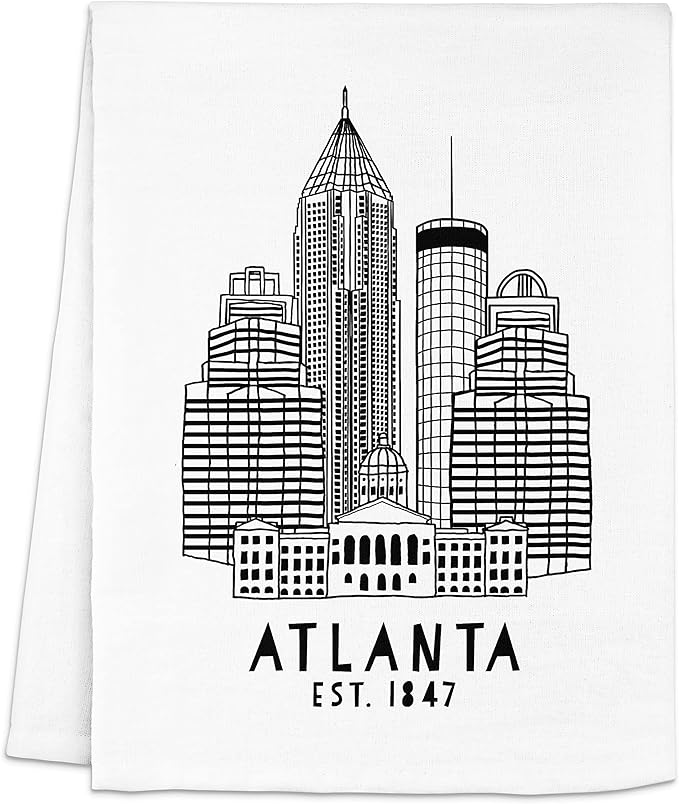 Moonlight Makers Original Flour Sack Dish Towel - 100% Cotton Kitchen Towels, Cute Cleaning Cloth, Lint-Free & Absorbent Kitchen Tea Linens for Dish Drying, 28inx28in - Atlanta Skyline, White
