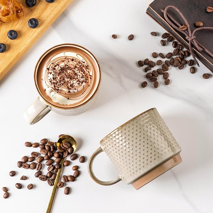 GBhome 12OZ Stackable Coffee Mugs Set of 6, Ceramic Coffee Mugs with Texture Patterns for Man,Woman,Dad,Mom, Modern Coffee Mugs Cups for Latte/Cappuccino/Cocoa. Dishwasher&Microwave Safe, Pale Khaki