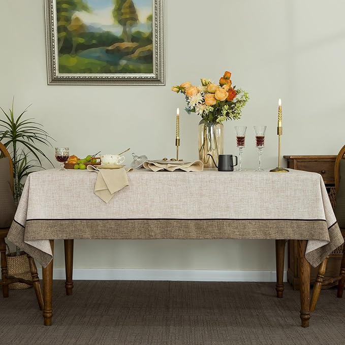 Classic Textured Linen Style Tablecloth,Rustic Washable,Solid Bordered Retro Rectangle Table Cloth,Kitchen Dinning Tabletop Decoration,Oblong Table Cover, Linen 55x102 Inch