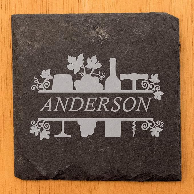 Cheers to Life: Personalized Slate Coasters with Wine Design - Square Slate - Set of 6