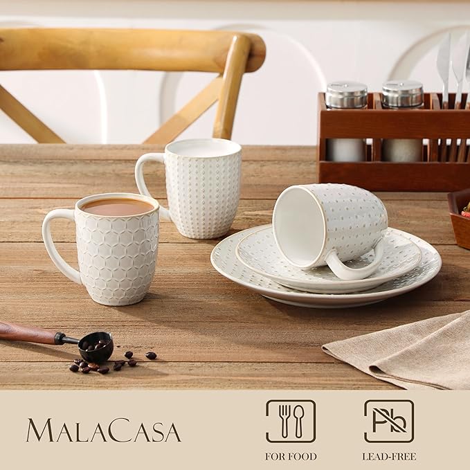 MALACASA LYDIA Coffee Mugs, 16 OZ Ceramic Mugs Set of 4 with Handle, Embossment Cups for Latte, Hot Tea, Cappuccino, Mocha, Cocoa, Dishwasher & Microwave Safe Gift Set, White