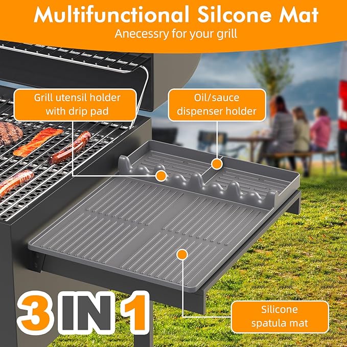 Silicone Griddle Tool Mat Compatible with Blackstone Weber - Flat Top Grill Pellet Smoker Side Shelf Spatula Mat with Drip Pad - Thanksgiving Christmas Gifts for Men BBQ Grilling Accessories (Grey)