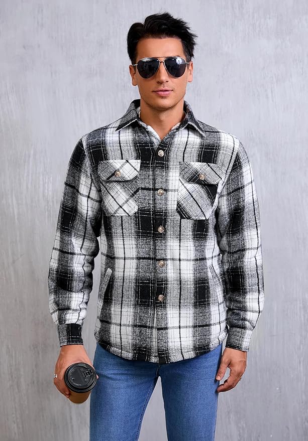 Men's Cotton Sherpa Lined Button Down Flannel Shirt Jacket Plaid Soft Outdoor Flannel Jacket Shirt