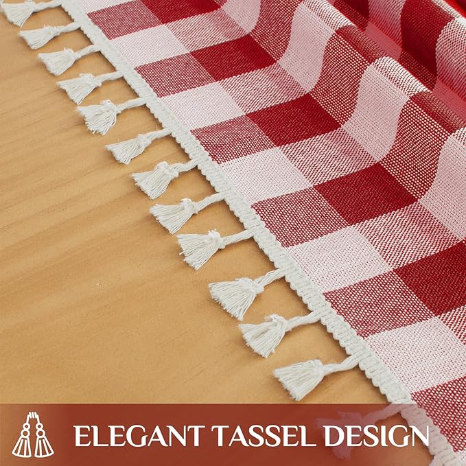 Softalker Checkered Tablecloth Rectangle, Outdoor Linen Cotton Gingham Table Cloth with Tassel, Heavy Duty Wrinkle Free Buffalo Plaid Table Cover for Kitchen Dining Home Party - 55 x 84 Inch, Red
