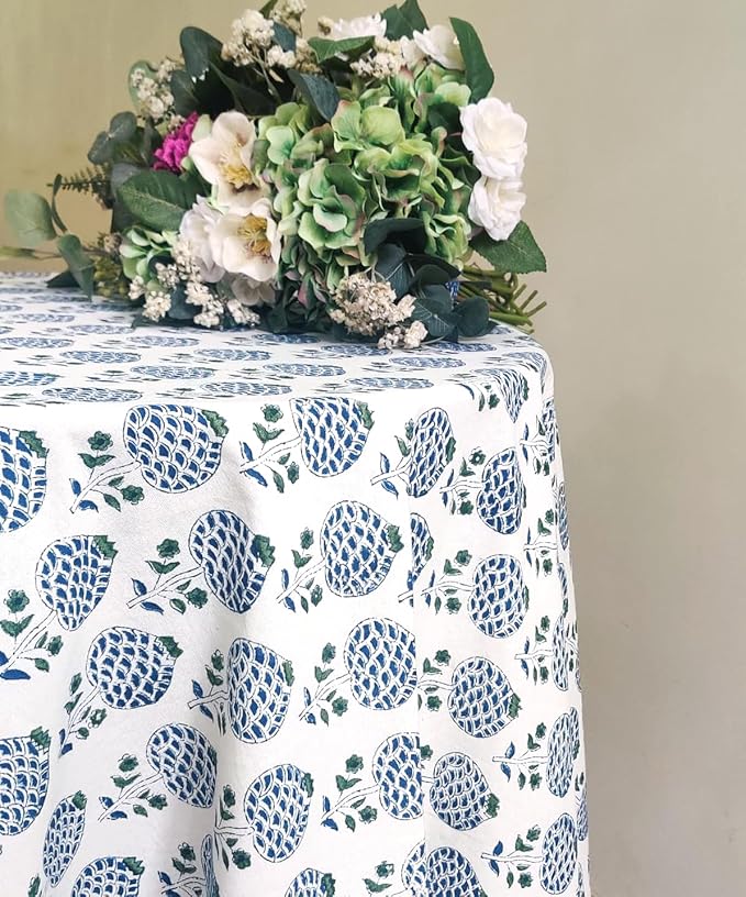 ATOSII Roma Blue 100% Cotton Boho Round Fall Tablecloth, Handblock Floral Print Table Cloth Linen for Kitchen Dining I Parties, Outdoors, Weddings, Christmas, Thanksgiving Home Decor 60" Inches Round