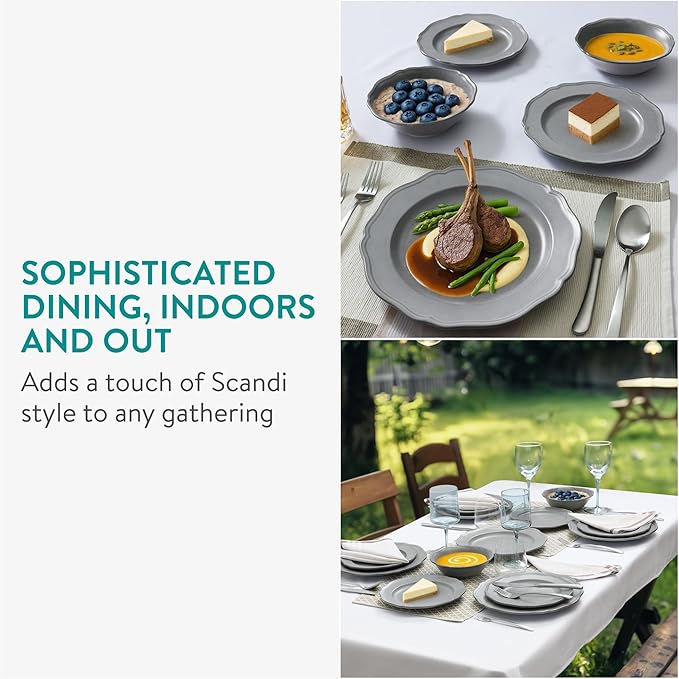 Navaris Scandi Style Porcelain Dinnerware Set - Ceramic Crockery Sets for 6 - Stackable Dishes with Dinner and Salad Plates Cereal Bowls - Dishwasher & Microwave Safe - 18pcs Grey