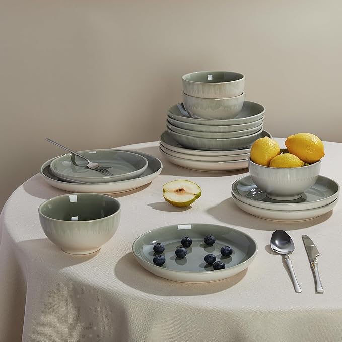 24 Piece Double Bowl Dinnerware Sets with Pasta Bowls, Highly Chip and Crack Resistant Plates and Bowls Sets, Natural Earthyware Ceramic Dishware Sets, Service for 6 Gradient Green