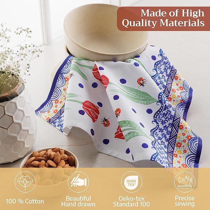 Maison d' Hermine Cloth Napkins Set of 4 100% Cotton Everyday Reusable Square Napkins Cloth Washable Dinner Party Wedding Restaurant Valentines Day Decorations Spring/Summer (Folky Floral, 18" x 18")