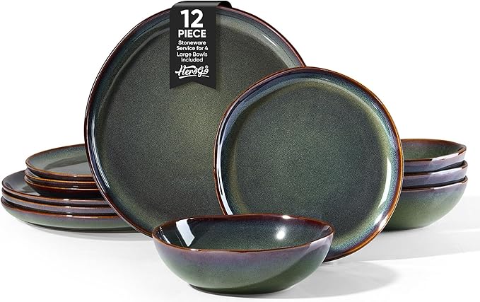 Herogo 12PCS Stoneware Dinnerware Sets, Plates and Bowls Dish Set for 4, Irregular Handmade Dinner Ware Dishware for Kitchen Dinning, Microwave & Dishwasher Safe, Lichen Green