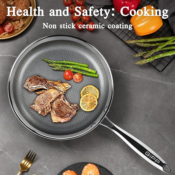 GiPP Tri-Ply Stainless Steel Frying Pan, 12 inch Hybrid Frying Pans Nonstick Skillets, Dishwasher and Oven-Safe, Induction Ready, Compatible with All Cook tops, PFOS/PFOA Free