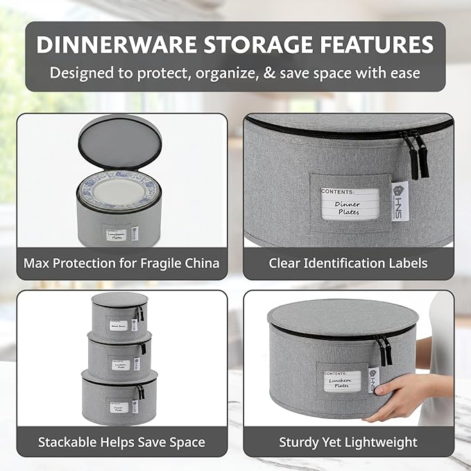 China Storage Hard Shell Containers 5-Piece Set Moving Boxes for Dinnerware, Glasses, Plates, Mugs and Saucers Sturdy Dish Organizer with Dividers for Seasonal Storage - Service for 12 - Gray