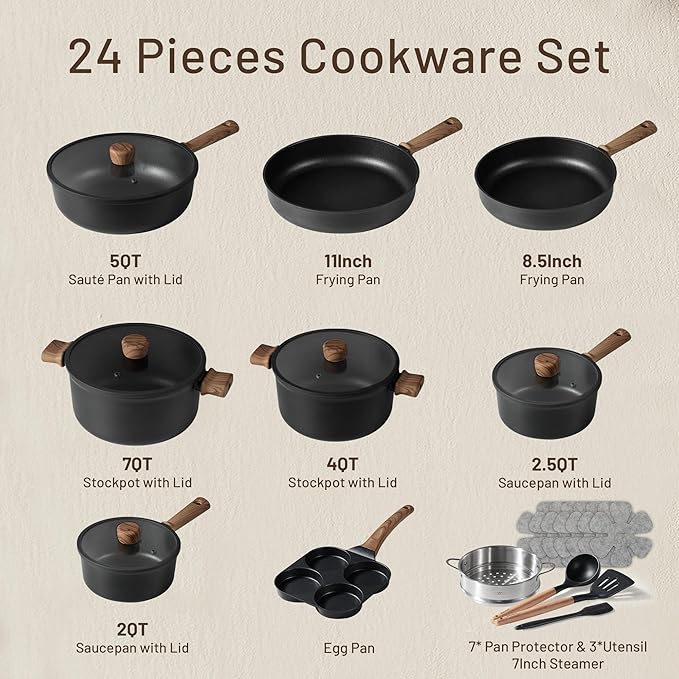CAROTE 24Pcs Nonstick Kitchen Titanium Cookware Sets, Non stick Pots and Pans set, Induction Cookware Set Black