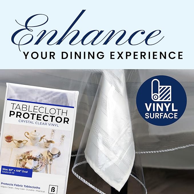 BRODER MFG. INC. Tablecloth Protector Crystal Clear Vinyl (60"x108" Oval) | Thick, Durable Clear Table/Tablecloth Protector | Perfect for Parties, Special Occasions, Gatherings, and Everyday Use