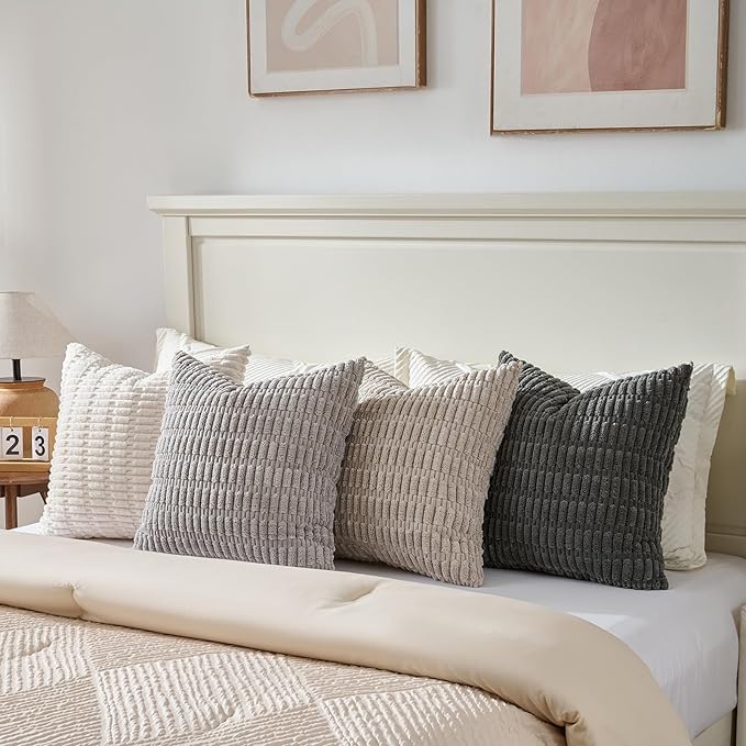 Fancy Homi Set of 4 Grey and White Decorative Throw Pillow Covers 20x20 Inch for Couch Bed Chair, Modern Farmhouse Boho Room Decor, Soft Fuzzy Double Sided Corduroy Textured Striped Cushion Case 50cm
