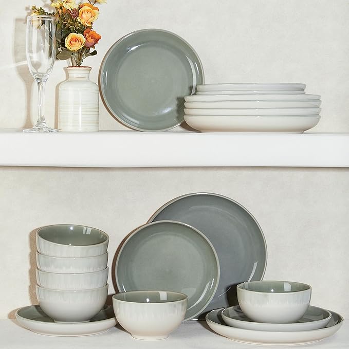 Stoneware Dinnerware Sets Service for 12, 36 pcs Reactive Glaze Plates and Bowls Sets, Handmade Ceramic Dish Set, Highly Chip and Crack Resistant Modern Plate Set, Gradient Green