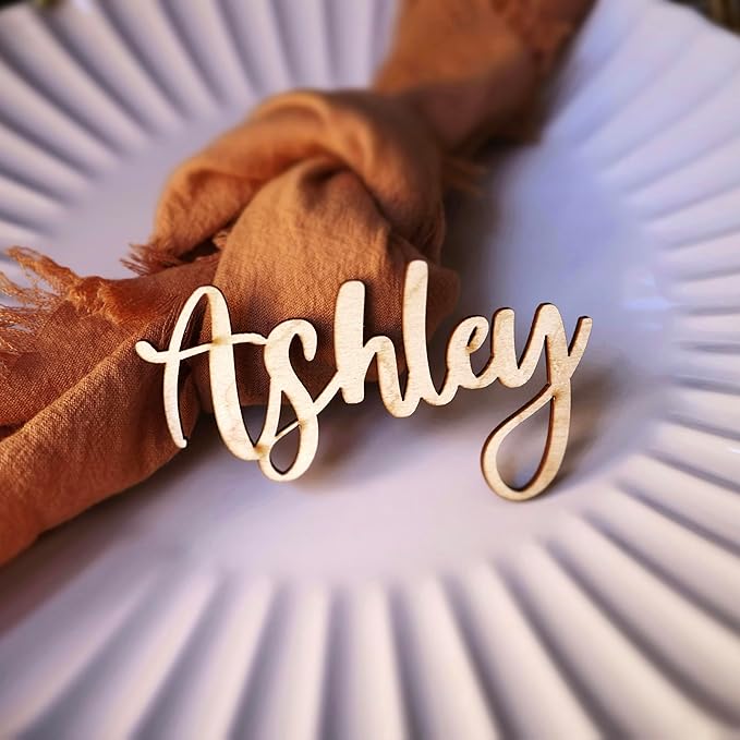 Customized Wooden Name Tags for Place Setting, Personalized Place Cards for Weddings, Bridal Showers and Events, Cursive Laser Cut Seating Cards