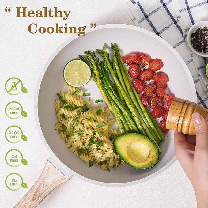 12 Pcs Pots and Pans Set Non Stick, Cookware Sets White Granite Induction Cookware, Non-toxic Healthy Nonstick Kitchen Cooking Set with Frying Pan Set, Saucepans (PFAS/PFOA/PFOS Free)