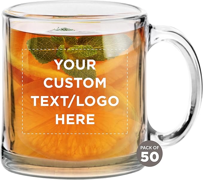 Custom Libbey Clear Glass Coffee Mugs 13 oz. Set of 50, Personalized Bulk Pack - Perfect for Coffee, Tea, Espresso, Hot Cocoa, Other Beverages - Clear Bottom