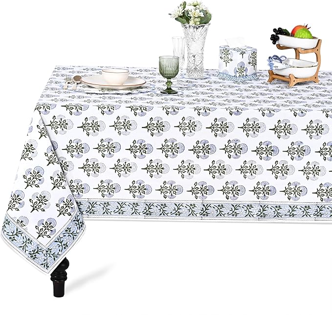 Ridhi Hand Block Print Mughal Buta Blue Rectangle Cotton Tablecloth 120" x 80" Reusable Table Cover Decorative Everyday Use for Dining, Farmhouse, Home Gift for Spring, Easter, Valentine