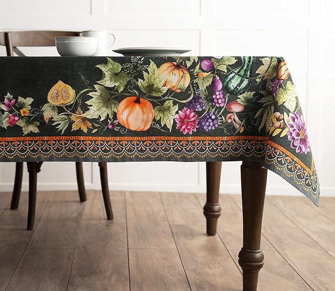 Maison d' Hermine Table Cloth Rectangle Table 100% Cotton 54 x 72 Inches Fall Tablecloth Reusable Everyday Use for Thanksgiving Christmas Decorations Dining Farmhouse (Pumpkin Garden - Dark Green)