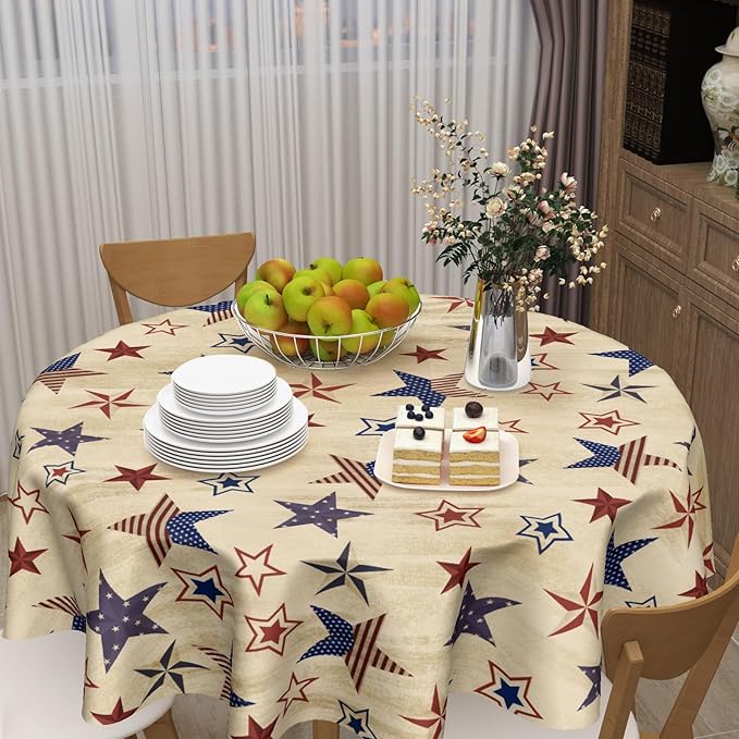 4th of July Round Tablecloth 60 Inch Patriotic Vintage Red and Blue Star Memorial Day Polyester Table Cloth Independence Day Table Cover for Kitchen Dinner Home Decor