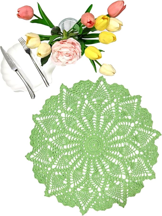 BIBITIME Lace Tablecloth Doily Handmade Crochet Placemat Women Vase Mat Kitchen Table Runner (1PC- 18 in to 20 in, Apple Green)