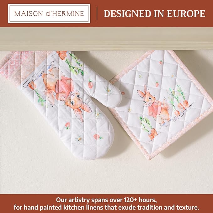 Maison d' Hermine 100% Cotton Oven Mitt & Pot Holder Set (7.5"x13" & 8"x8") Heat Resistant BBQ Cooking Gloves with Loop, Baking, Grilling, Kitchen, Handling Hot Pans Spring/Summer (Bunny Party)
