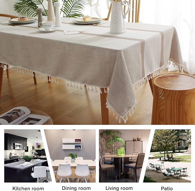 Pahajim Striped Tablecloth Rectangle with Tassels Thick Linen Cotton Table Cloth for Outdoor Picnic Dining and Holiday Kitchen Decor Rectangle/Oblong,55''x87'', 6-8 Seats