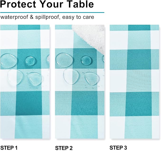 Hiasan Checkered Tablecloth Rectangle, 70 x 140 Inch - Waterproof and Wrinkle Resistant Table Cloth for Picnic, Dinner and Party, Washable Polyester Fabric, Turquoise and White Gingham Pattern