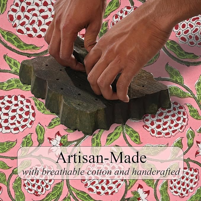 Ridhi Hand Block Print Strawberry Pink Rectangle Cotton Tablecloth 160" x 72" Reusable Table Cover Decorative Everyday Use for Dining, Farmhouse, Home Gift for Spring, Easter, Valentine