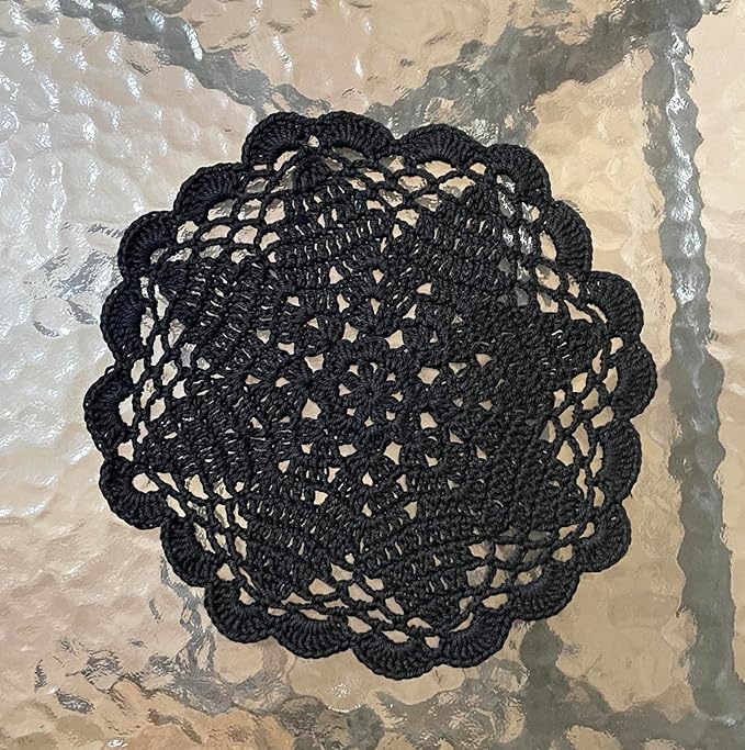 BIBITIME Handmade Crochet Round Lace Doilies Kitchen Table Placemats Wedding Tea Flower Vase Cup Mats (Black, 6" to 7",Pack of 4PCS)