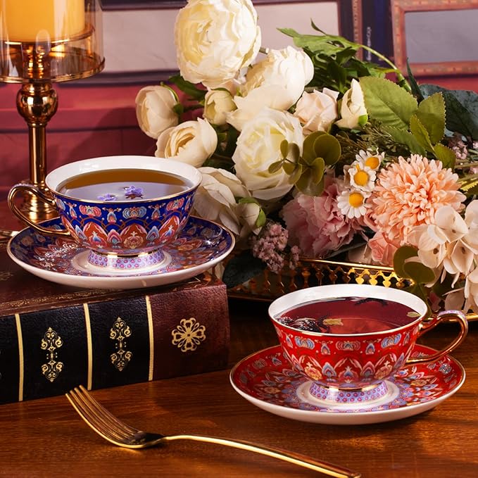 KAMMAK Tea Cups and Saucers Set of 2, Porcelain Coffee Cups with Saucer for Espresso, Cappuccino, 8oz Vintage Red and Blue Ceramic Novelty Mug for Home, Tea Party, Office