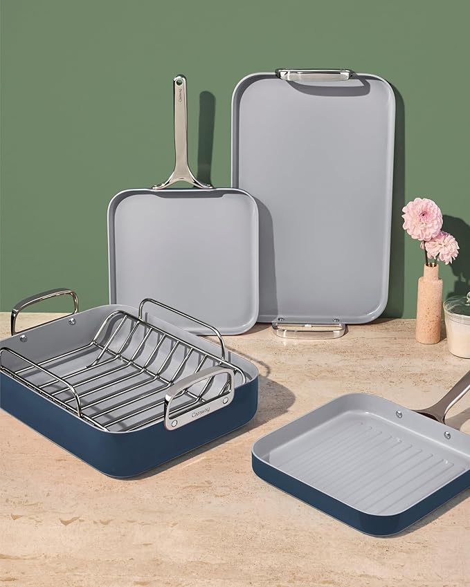 Caraway Square Cookware Set - Square Pans Set - Perfect for Griddling, Toasting, Searing, Roasting, and More - Non-Stick Ceramic Coated Pans - Non Toxic, PTFE & PFOA Free - Black