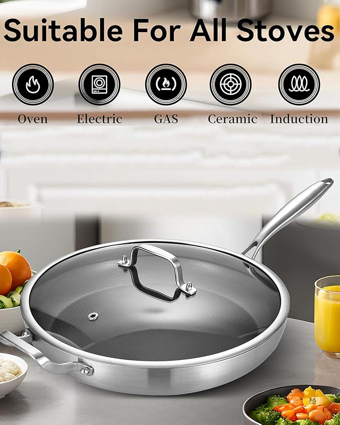 12 Inch Non-Stick Ceramic Stainless Steel Frying Pan - With Lid & Helper Handle, Induction Compatible Skillet, Dishwasher & Oven Safe Up to 600°F, Detachable Handle, Perfect for 4 People