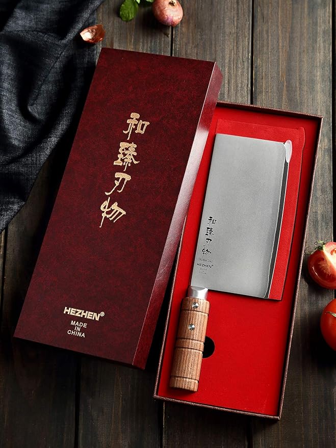 HEZHEN 7" Cleaver Knife, Composite Steel Chinese Kitchen Chef Knife, Clad Steel Butcher Knife, Padauk Wood Handle