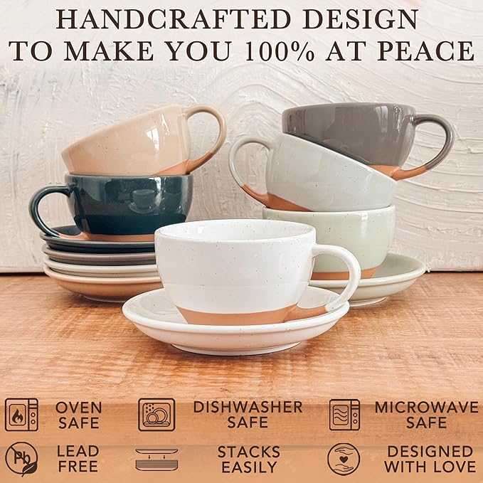 MORA Ceramic Latte Art Mug With Saucer - 10.5 oz, Round Bottom For Perfect Pours - Cafe Cups for Cappuccino, Espresso, Coffee, Tea etc - Porcelain Set for Baristas, Great Gift - Vanilla White