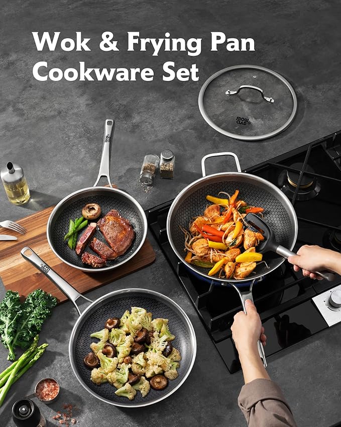 3-Piece Hybrid Stainless Steel Cookware Set-12 Inch Wok with Lid,10 Inch Frying Pan,12 Inch Skillet with Lid-Non Stick,PFOA Free,Dishwasher&Oven Safe,Induction Compatible,Cookware Set.