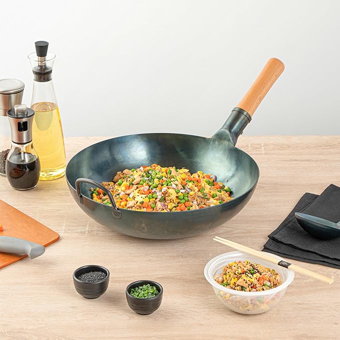 Restaurantware-Motomori 14 Inch Blue Carbon Steel Wok Pan, 1 Traditional Japanese Wok - Flat Bottom, Hand-Hammered, Carbon Steel Traditional Stir Fry Pan, With Wooden Handle