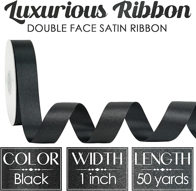 MEEDEE Black Ribbon 1 Inch Black Satin Ribbon Lux Double Faced Satin Ribbons by 50 Yards Polyester Wrapping Ribbons for Crafts, Weddings, Flower Bouquet, Holiday Decorating