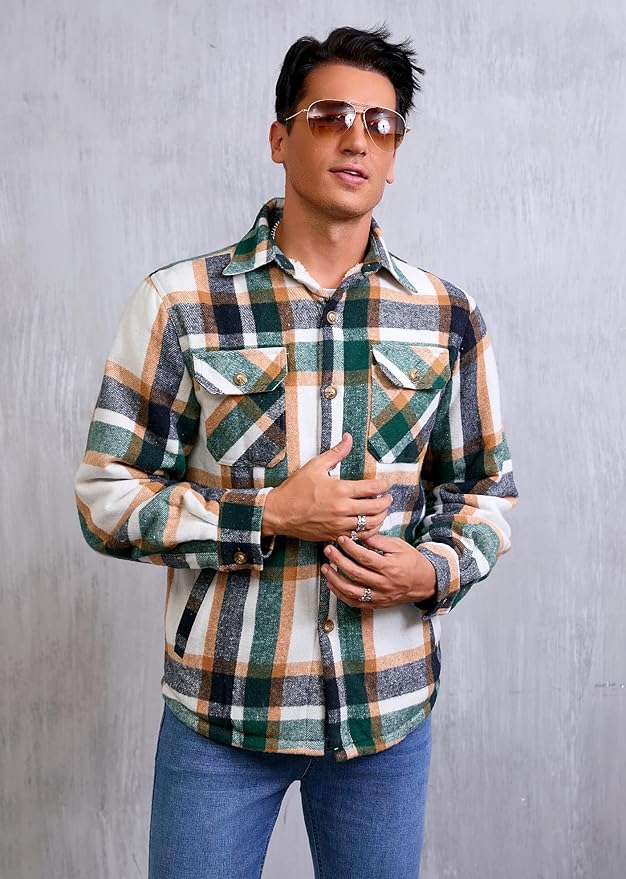 Men's Cotton Sherpa Lined Button Down Flannel Shirt Jacket Plaid Soft Outdoor Flannel Jacket Shirt