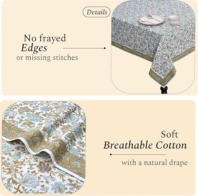 CPC Tablecloth 100% Cotton 70x118 Inch Indian Block Print Rectangle Table Cover, Table Cloth for Weddings, Spring/Summer, Barbeque -Harvest Bloom