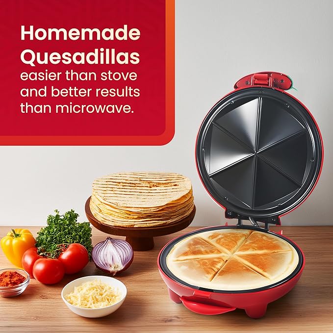 Elite Gourmet EQD-413 Electric Non-Stick 8" Quesadilla Maker, Easy-Slice 6-Wedge, Grilled Cheese Corn Flour Tortilla Snacks, Red
