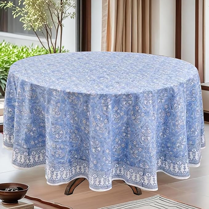 Ridhi Block Print Round Cornflower Blue Reusable Tablecloth 100% Cotton 60" Inch Decorative Table Cover eveyday Dining, Home, Party, Wedding, Farmhouse Gift for Spring, Easter, Valentine
